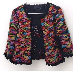 Michael Simon Ribbon Sweater Criss Cross Ribbon Cardigan Art To Wear  S